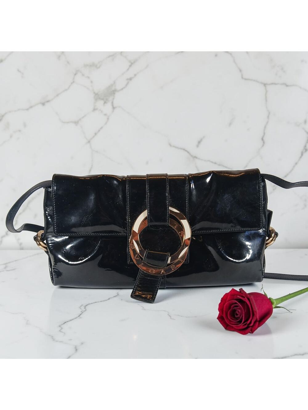 Bvlgari Chandra Black Patent Leather Hobo Bag with Gold Ring Hardware